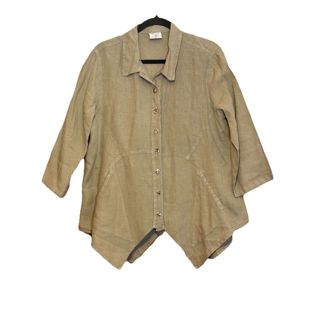 Click 100% Linen Lagenlook Collared Button Down Shirt Sage Green Women's Size L